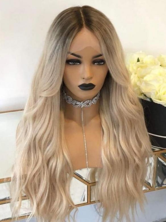 Blond Ombre Lang Wellig Echthaar Perücke HH168
