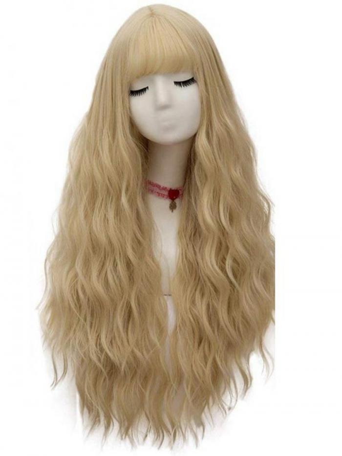 Blond Lange Wellig Sythetische Gewebte Netzkappe Perücke WW013