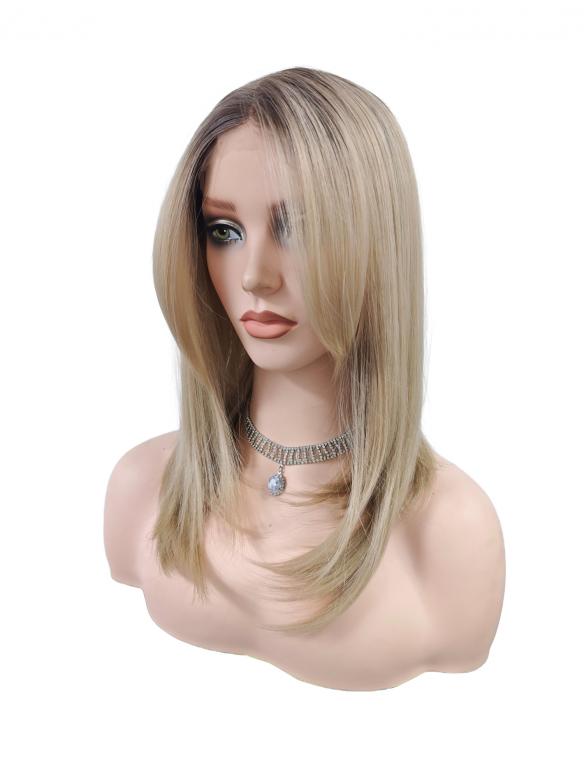 Blonde Kunsthaar Perücke mit dunklem Ansatz – Glatte synthetische Perücke (Lace Front) DLP066