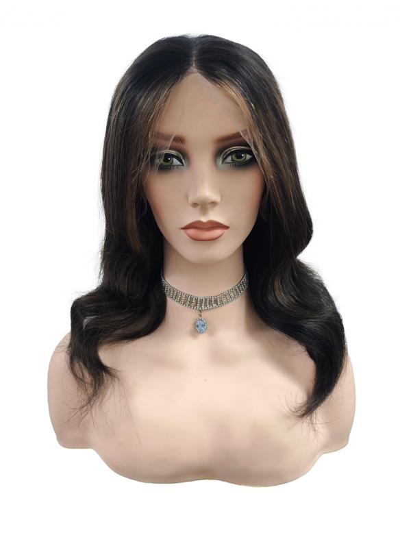 Gewellte Echthaar Perücke in Denkelbraun mit Highlights EH022