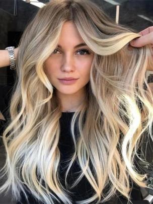 Blond Ombre Lang Wellig Echthaar Perücke HH130