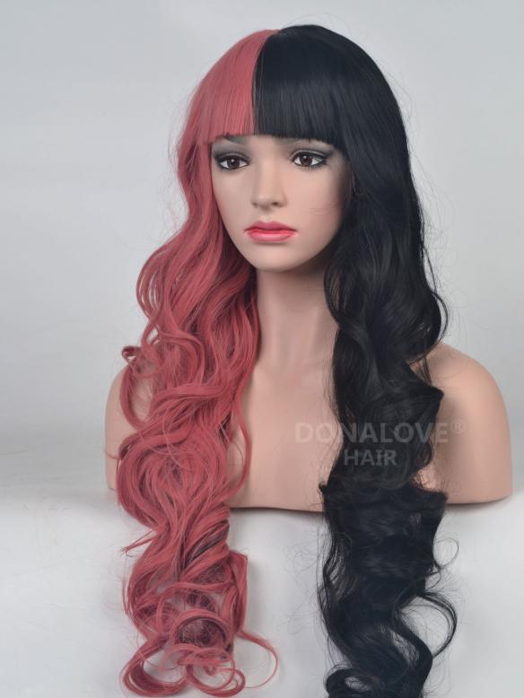 Halb Rosa und Halb Schwarz Regenbogen Wellige Lace Front synthetische Perücke SNY088