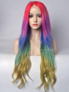 Regenbogen Mermaid bunte Echthaar Perücke HH041