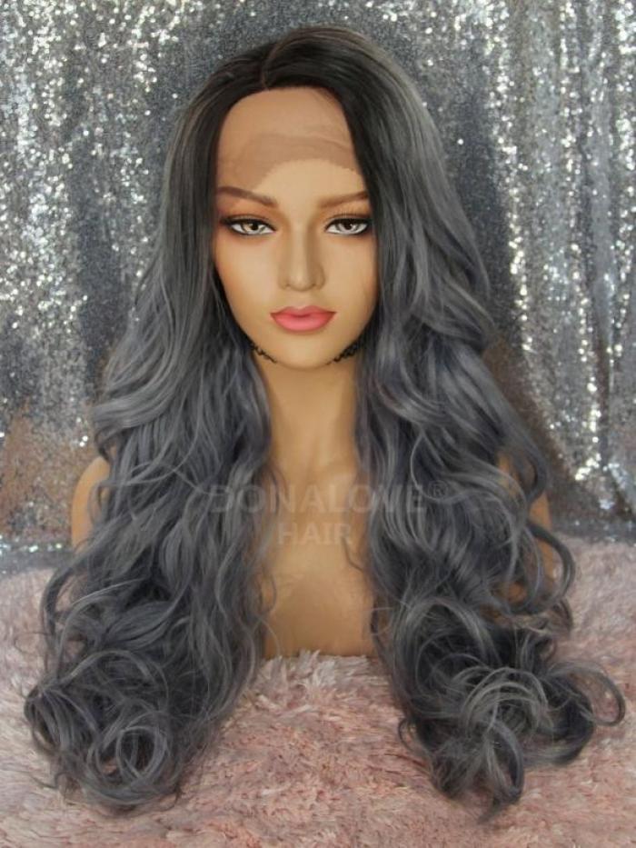 Grau Lange Wellige Synthetische Lace Front Perücke SNY308