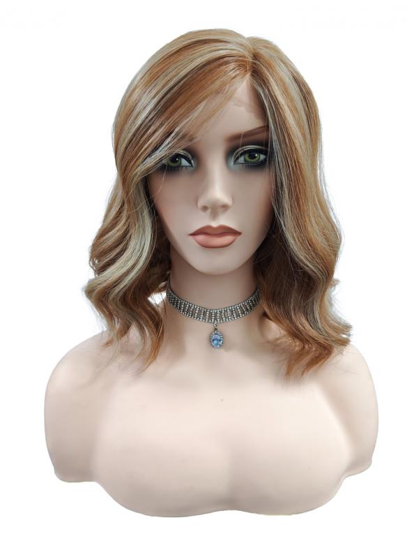 Schulterlange synthetische Perücke in kastanienbraun mit goldblonden Strähnen und leichten Wellen (Lace Part) DLP025