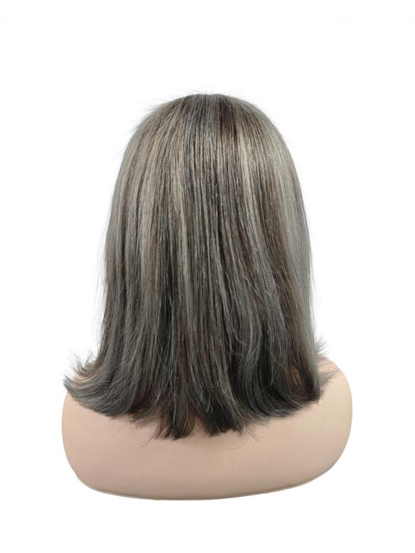 Seidige Echthaar-Perücke in Dunkelbraungrau mit Highlights – Natürliches Styling EH024