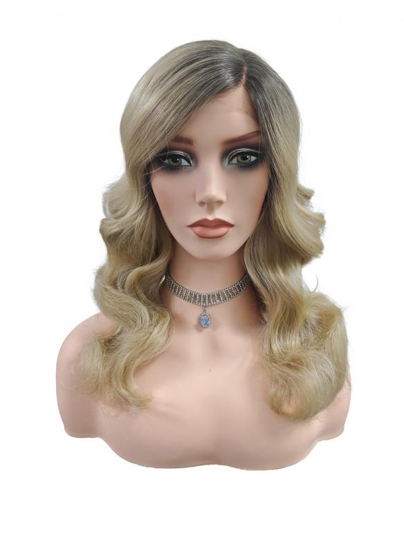 Synthetische Perücke mit elegantem mittellangem gewelltem Haar in Blond mit dunklem Ansatz (Lace Part) DLP034