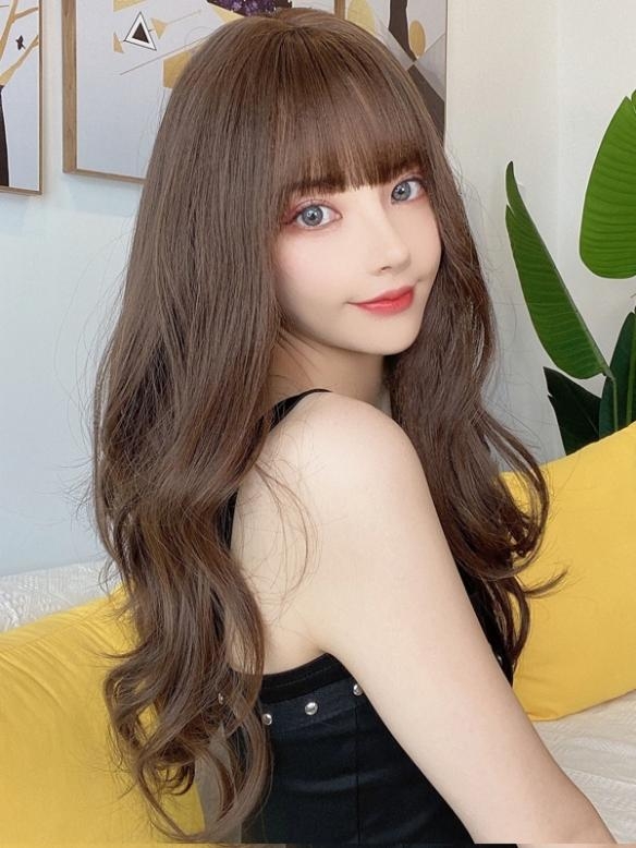 Braune Lange Wellige Synthetische Gewebted Netzkappe Perücke LG307