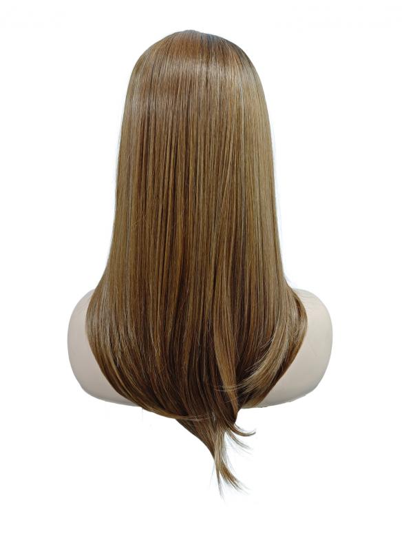 Glatt synthetische Perücke in Hellauburn mit blonden Highlights am Ansatz (Lace Part) DLP046