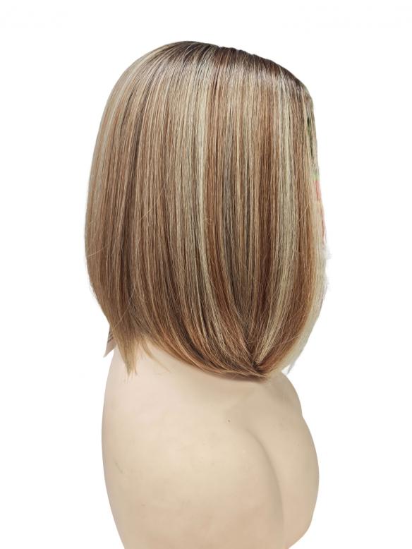 Glatte Kunsthaarperücke in Blond Mix mit dunklem Ansatz und Seitenscheitel (Pre-Cut Lace) DLP078