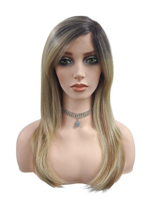 Synthetische Perücke mit schwarzem Ansatz in Hellblond mit dunkelblonden Highlights (Lace Part) DLP008