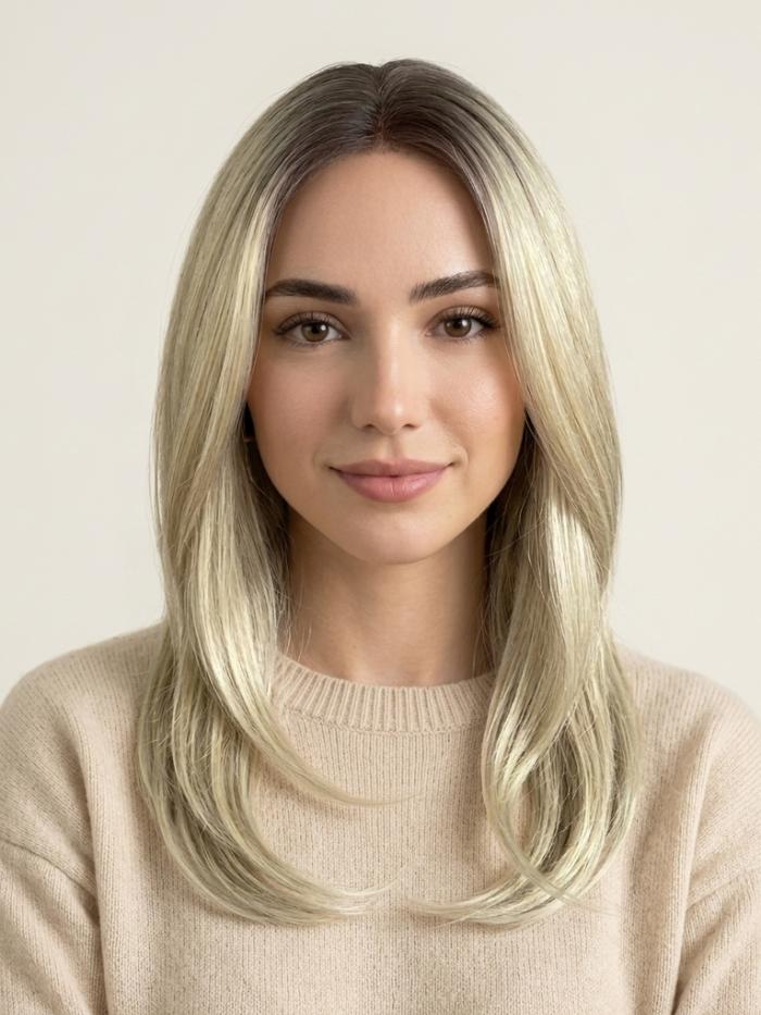 Glatte blonde Kunsthaarperücke mit dunklem Ansatz und gesichtsumrahmenden Stufen (Lace Front) DLP066