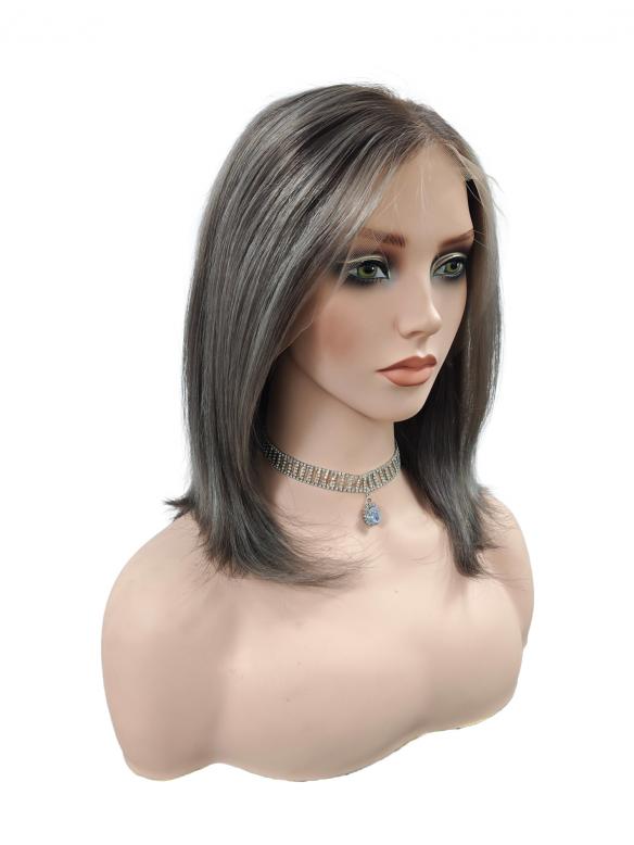 Seidige Echthaar-Perücke in Dunkelbraungrau mit Highlights – Natürliches Styling EH024