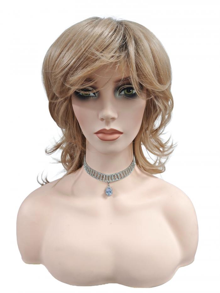 Hellblondauburn Perücke mit Pony mehrschichtige dünne Locken und stylischem Design (Basis Kappe) DBK021