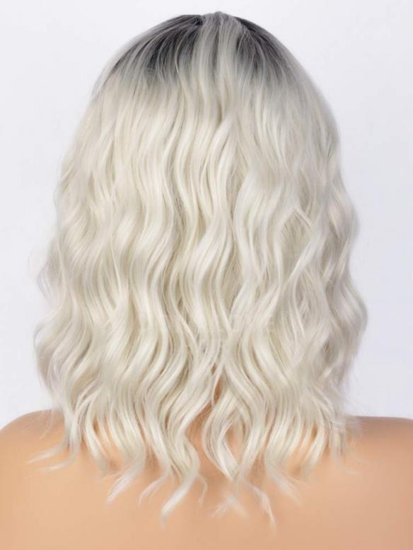 Schwarz nach Grau Schulterlange Wellige Mittelteil Lace Perücke MPL007