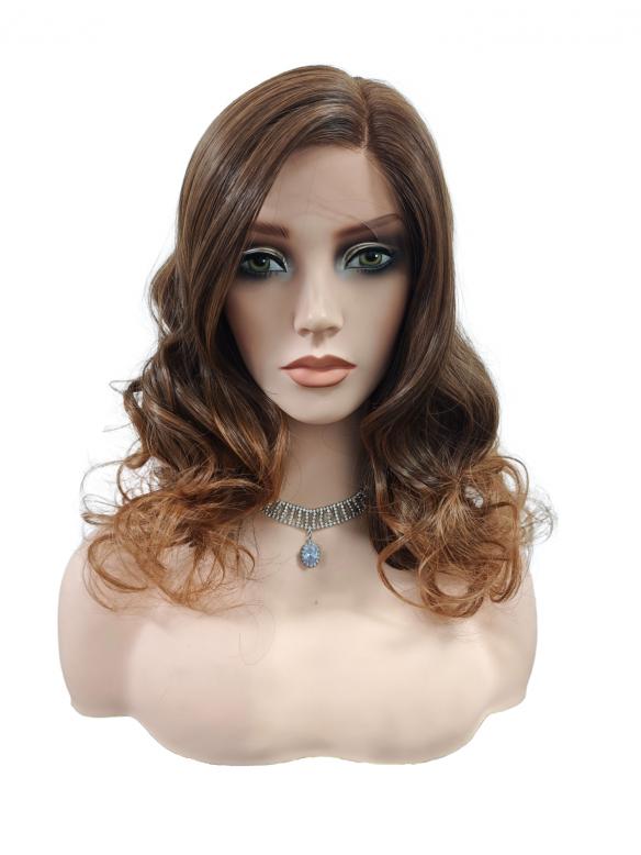 Braune Kunsthaarperücke mit Linksscheitel – Stark lockige synthetische Perücke (Lace Front) DLP067