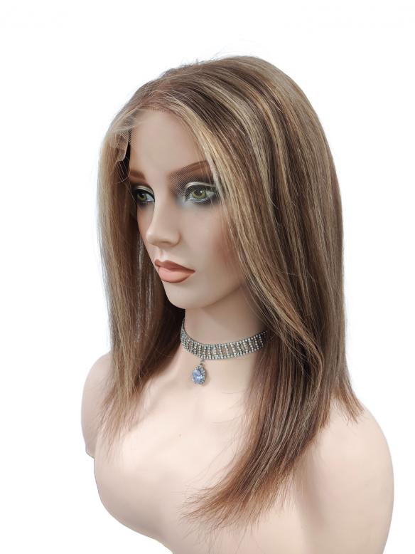 100% Remy Echthaar Perücke Braun mit goldblonden Strähnen EH026