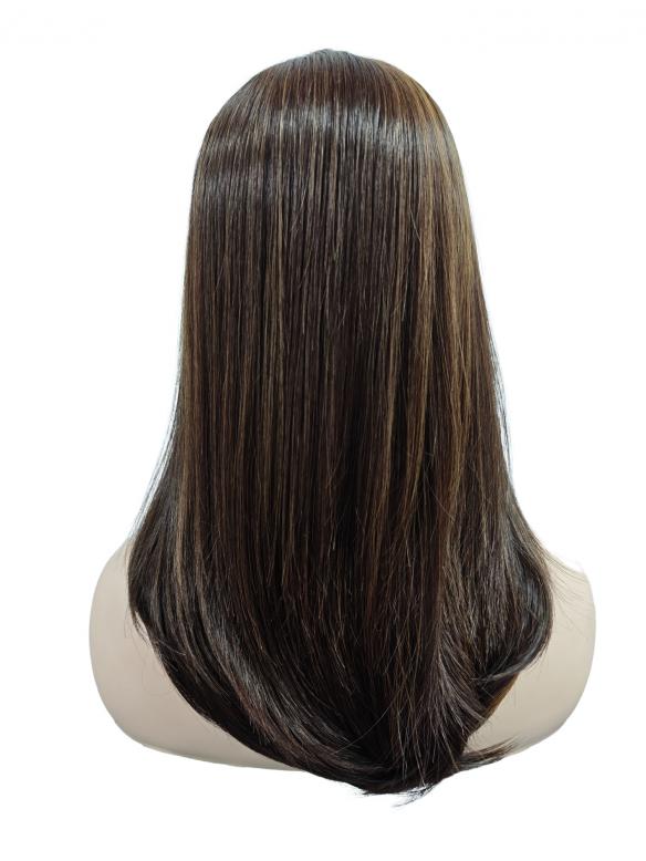 Lange glatte synthetische Perücke in warmem Braun mit auffälligen goldblonden Strähnen (Lace Part) DLP022