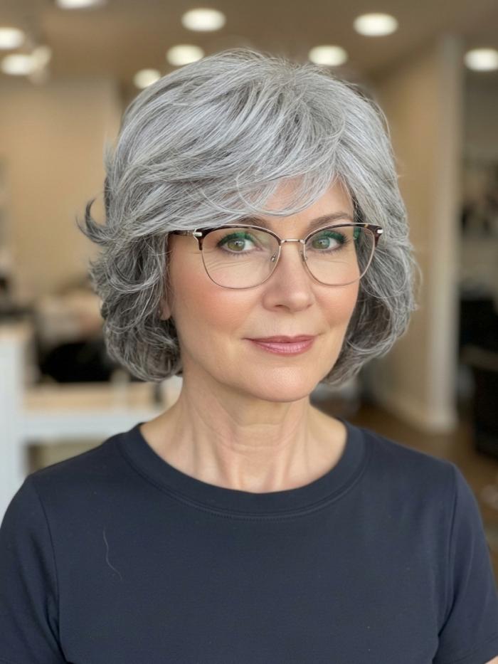 Schicke kurze lockige Kunsthaarperücke mit Grauem Ombre und Pony (Standard Kappe) DBK009