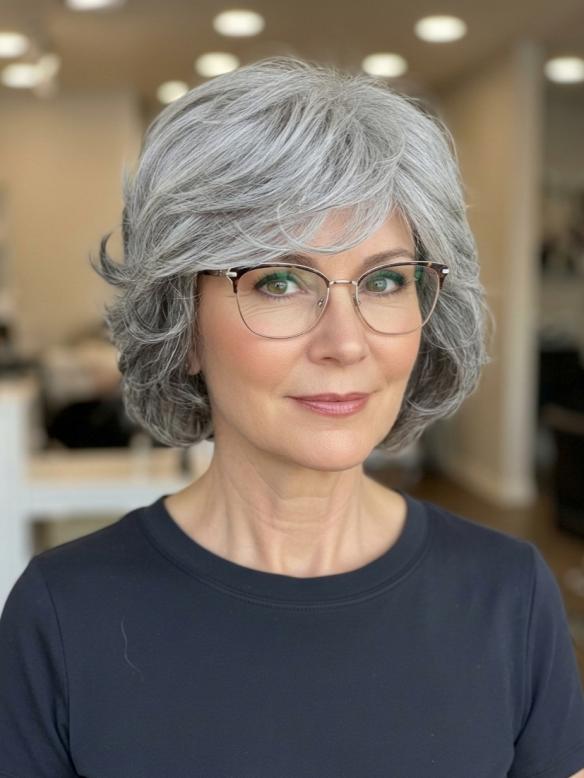 Schicke kurze lockige Kunsthaarperücke mit Grauem Ombre und Pony (Standard Kappe) DBK009