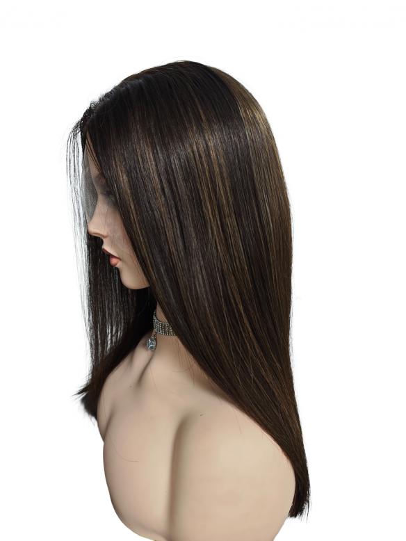 Hübsche Mittelbraune Kurze Bob Unsichtbare Lace Premium Echthaar Perücke mit Gold-Braun Mischung EH029