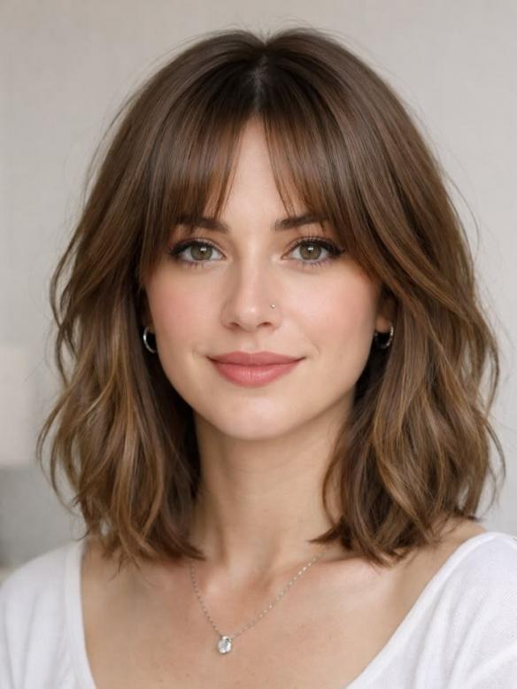 Natürlich Braun Wellige Bob Perücke aus 100% Echthaar mit Pony EH056