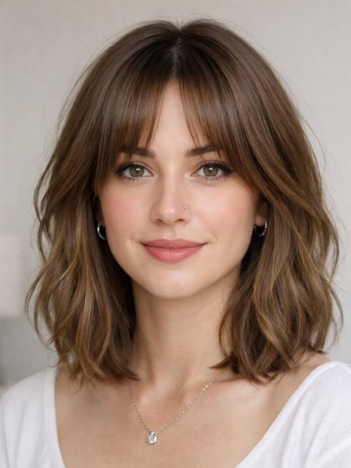 Natürlich Braun Wellige Bob Perücke aus 100% Echthaar mit Pony EH056