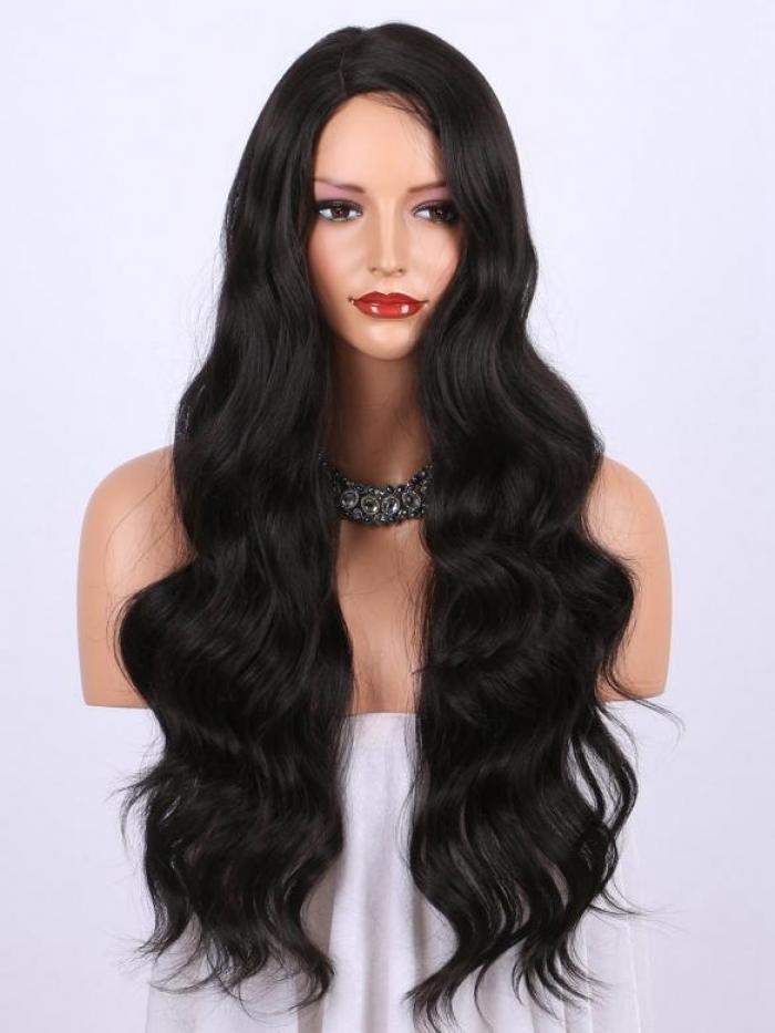 Schwarz Lange Wellige Synthetische Lace Front Perücke SNY180