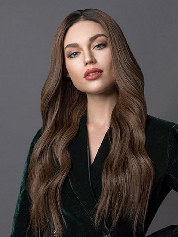 Braune Lange Wellige Full Lace Echthaar Perücke FLW040