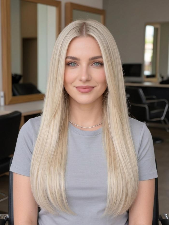 100% Echthaar Platinblond Glatt Langhaar Perücke Natürliche Gerade Echthaarperücke für Damen EH057