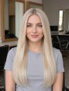 100% Echthaar Platinblond Glatt Langhaar Perücke Natürliche Gerade Echthaarperücke für Damen EH057