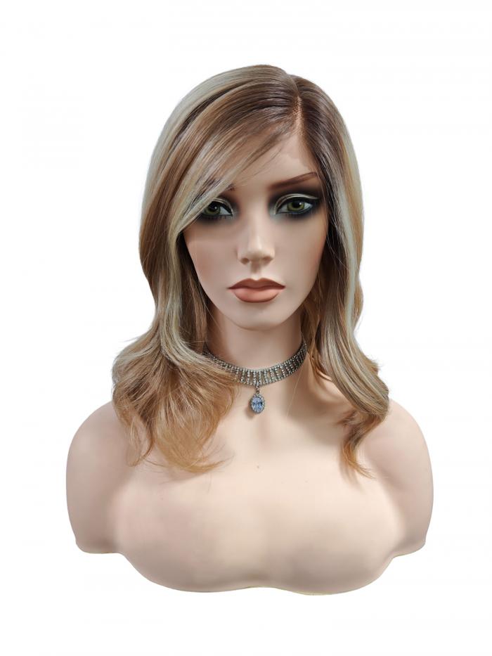 Leicht gewellte Kunsthaarperücke links gescheitelt blond hellorange gemischt (Lace Part) DLP058