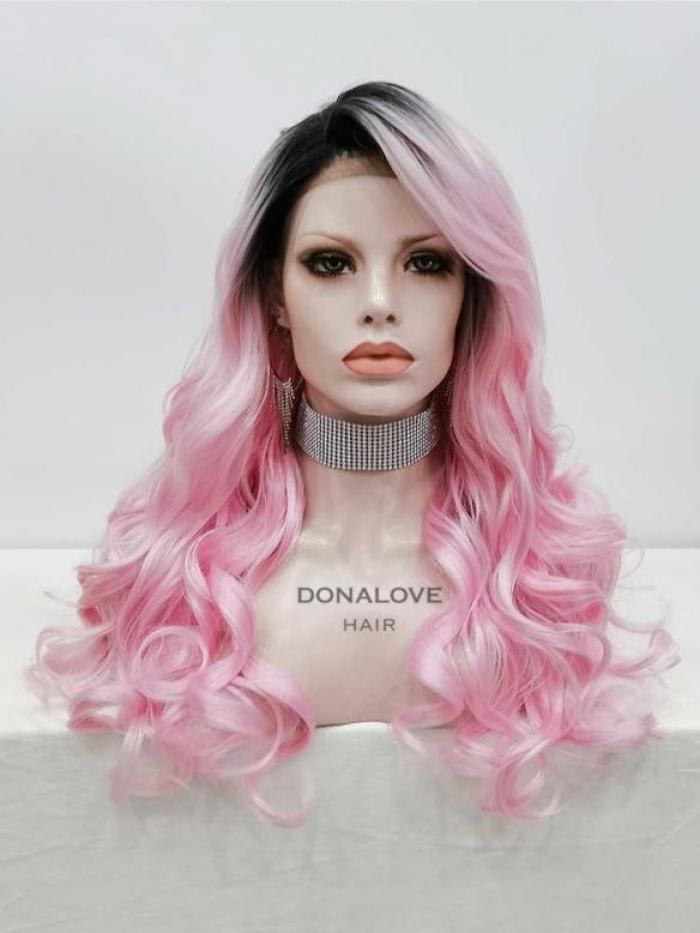 Schwarz-nach-Rosa Lange Wellige Synthetische Lace Front Perücke SNY323