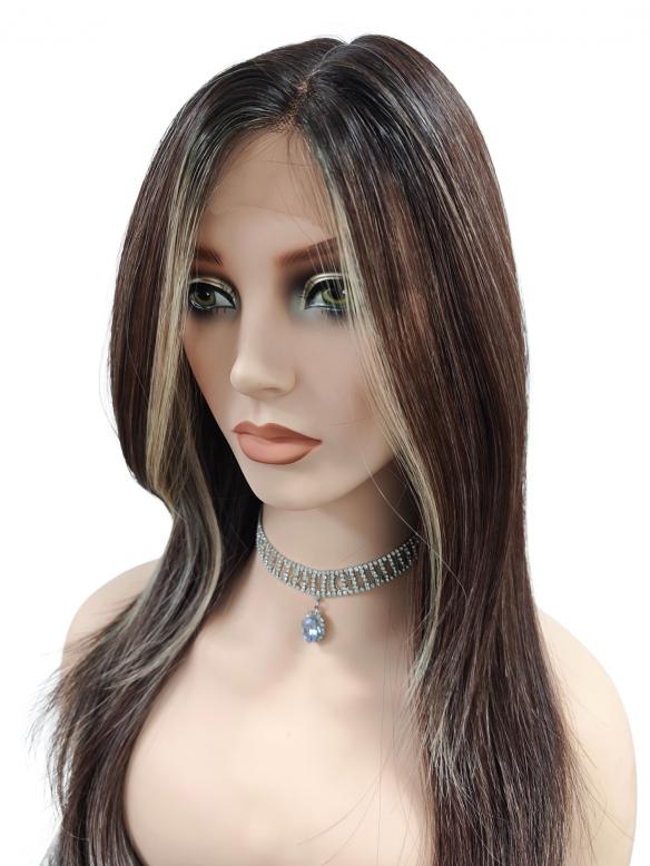 Superlange Perücke in Kastanienbraun mit zwei goldblonden Akzentsträhnen an der Stirn (Lace Part) DLP041