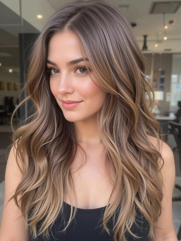 Lang gewellte Echthaarperücke mit Mittelscheitel in Braun mit blonden Highlights EH001