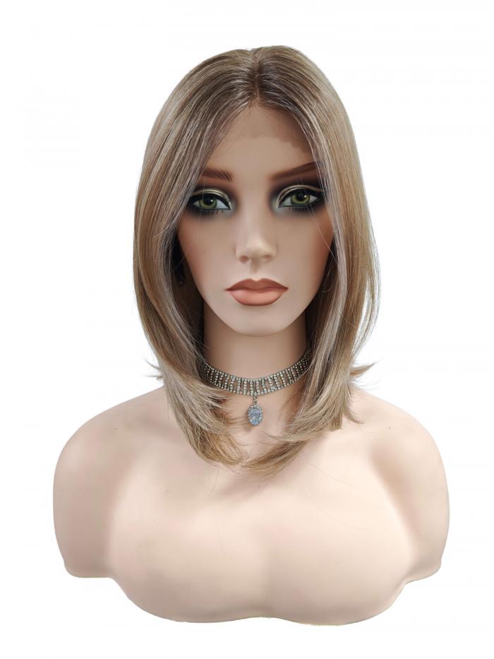 Gewellte synthetische-Perücke im Weißblond/Hellhonigblond Mix mit zwei platinblonden Strähnen vorne (Lace Part) DLP052