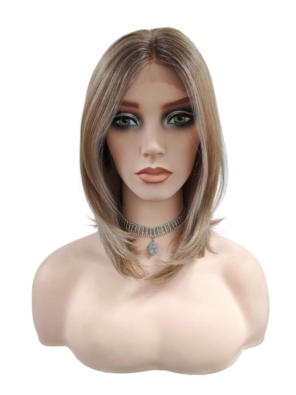 Gewellte synthetische-Perücke im Weißblond/Hellhonigblond Mix mit zwei platinblonden Strähnen vorne (Lace Part) DLP052