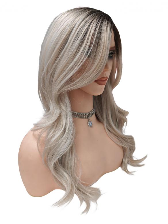 Wellige Kunsthaarperücke in Platinblond mit dunklem Ansatz und Seitenscheitel (Pre-Cut Lace) DLP073