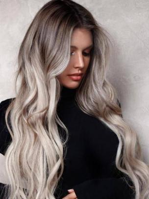 Braun-Ombre-Weißblond Lang Wellig Echthaar Perücke HH140
