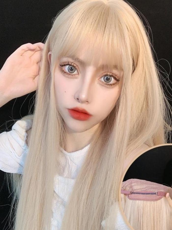 Blond Lange Glatte Sythetische Gewebte Netzkappe Perücke LG411