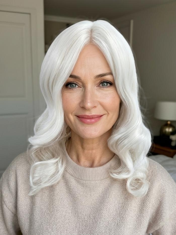 Elegante Kunsthaarperücke – Platinblond mit welligem Haar (Lace Front) DLP044