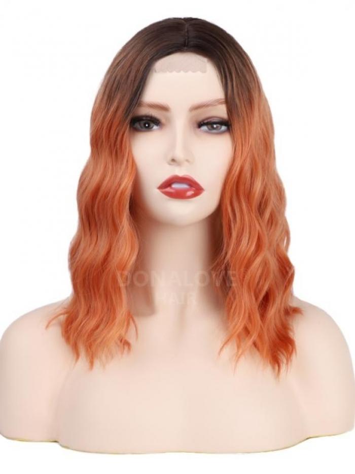 Orange-Ombre Schulterlänge Wellige Mittelteil Lace Perücke MPL010