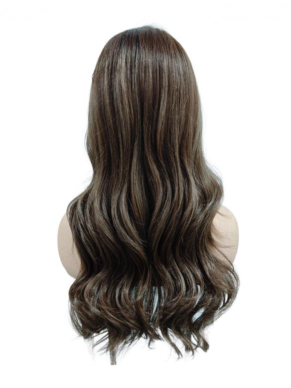 Lange wellige synthetische Perücke in Braun mit honigblonden Highlights (Lace Part) DLP015