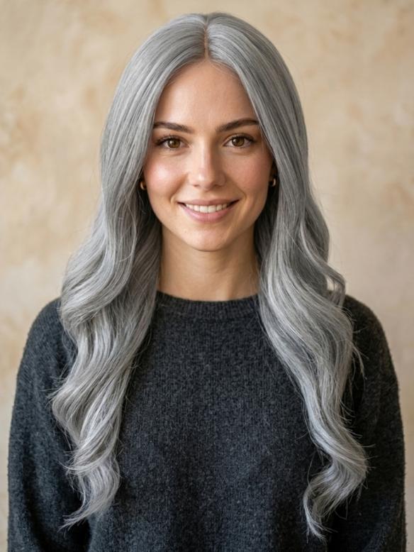 Lange gewellte synthetische Perücke in Grau (Lace Part) DLP013