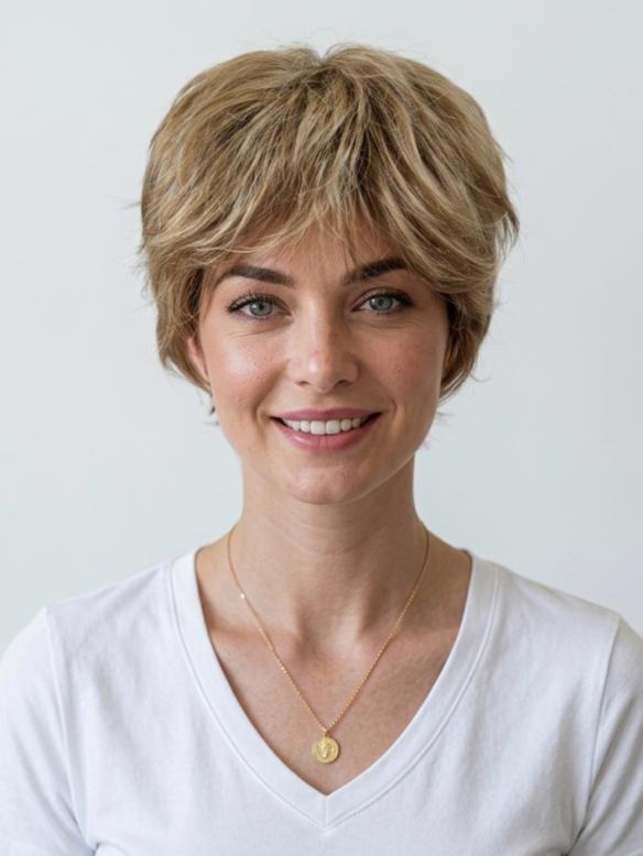 Pixie Cut Kunsthaarperücke in Honigblond – Natürliche Alltagsperücke (Basic Cap) DBK004
