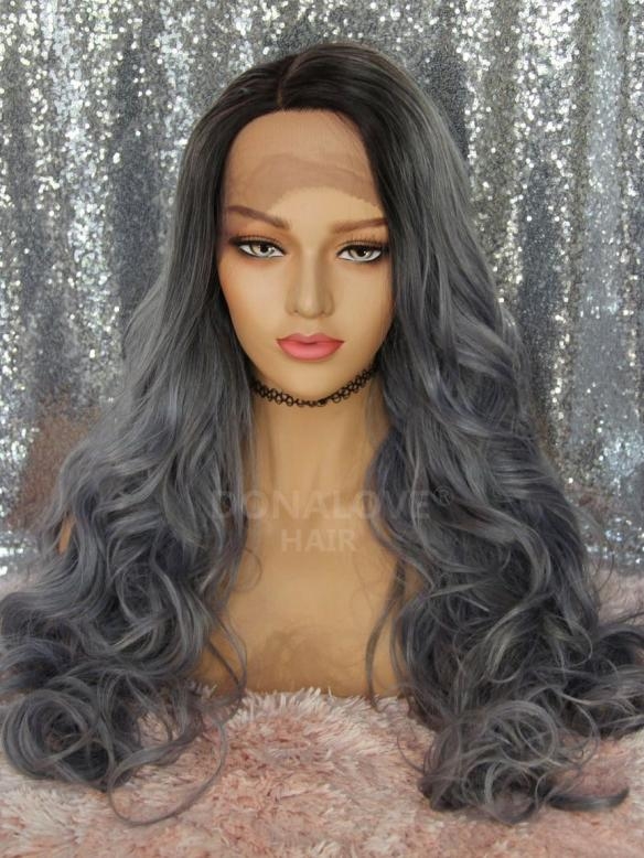 Graue Lange Wellige Synthetische Lace Front Perücke SNY308