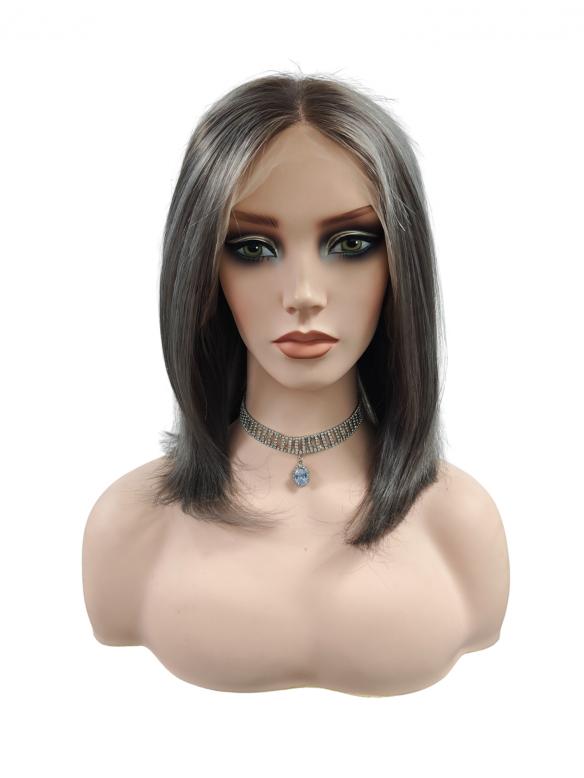 Seidige Echthaar-Perücke in Dunkelbraungrau mit Highlights – Natürliches Styling EH024