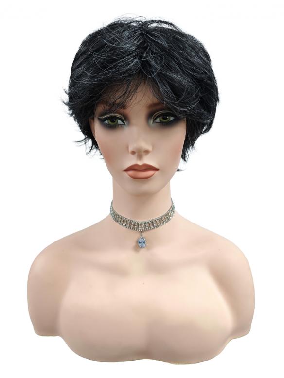 Schwarze synthetische Perücke mit silberfarbenen Strähnen (Basis Kappe) DBK002