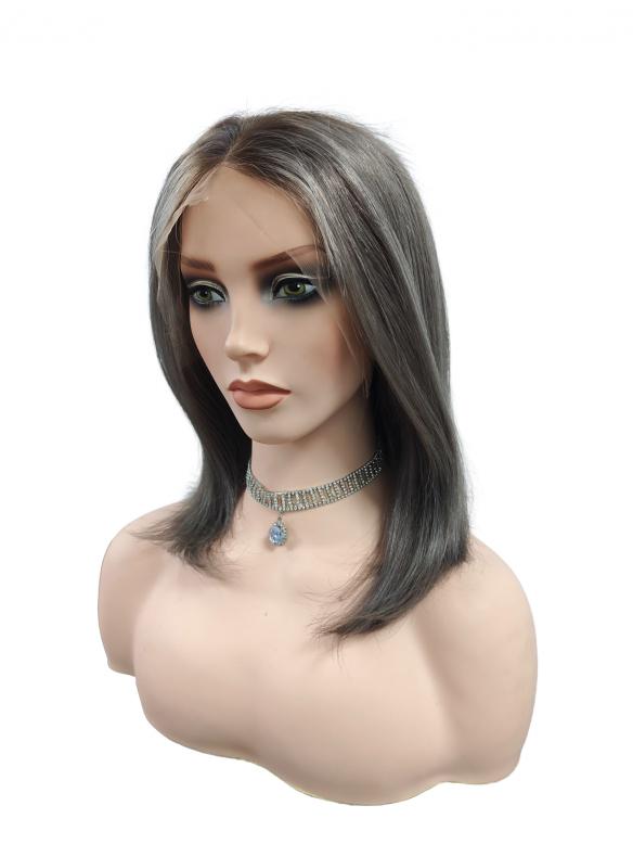 Seidige Echthaar-Perücke in Dunkelbraungrau mit Highlights – Natürliches Styling EH024