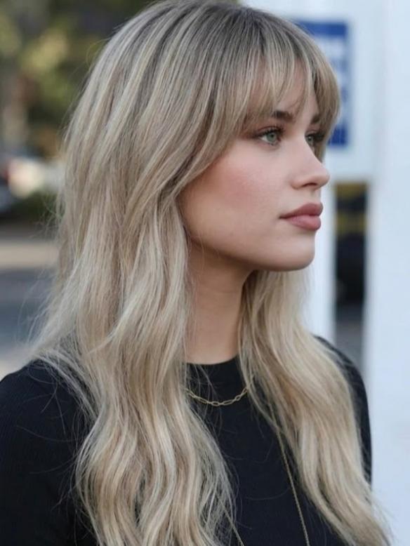 Blond Lange Wellige Perücke mit Pony Natürliche Echthaarperücke EH062